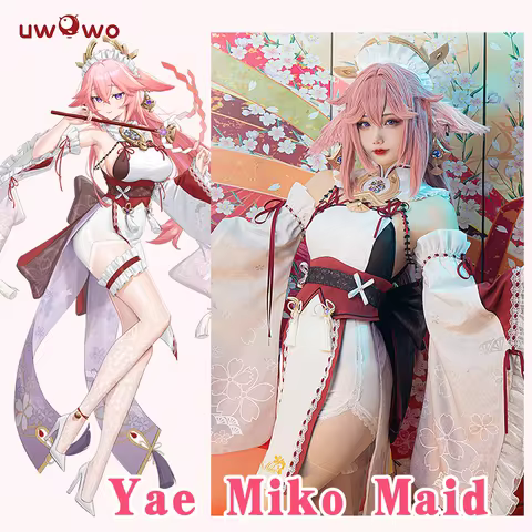 UWOWO Yae Miko Cosplay Maid Costume with Bow Genshin Impact Fanart Cosplay Maid Dress Ver. Halloween