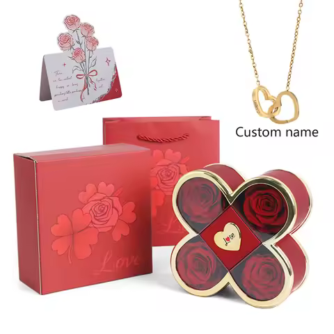 4-Leaf Clover Eternal Rose Jewelry Box Double Heart Necklace Anniversary Valentine's Day Gift Free D