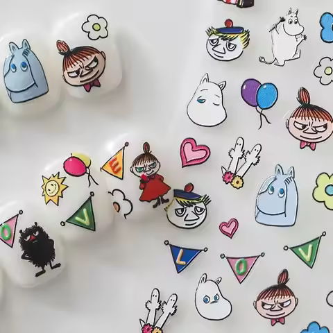 Moomin Cute Cartoon 3D Embossed Nail Stickers Waterproof Self‑Adhesive Yamei Nail Decals Decorative 