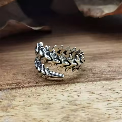 Y2K Vintage Keel Spine Gothic Rings for Women Men Antique Silver Hyperbole Centipede Open Ring Hip H
