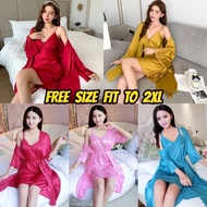 Baju Tidur Wanita Satin Ice Silk Free Size S to XL Lingeria Kain Selesa