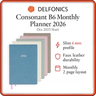 Delfonics Consonant B6 Monthly Planner 2026 – Oct 2025 Start, Slim Faux-Leather Cover, 5 Color Optio