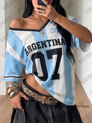 Summer New Stripe Argentina No.7 Print T-Shirt For Women Short Sleeve V-Neck Sports Tees Football Je