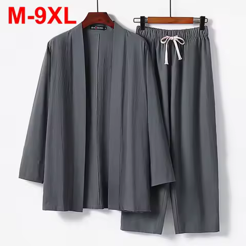9XL Plus Size Shirts Pants Sets Japan Style Cotton Linen Kimono Suits Man Big Size Summer Shirts and