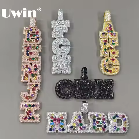 UWIN Custom Mix Color CZ Letter Necklaces Iced Out 5A+ Irregular Baguettecz Vertical Name Pendants P