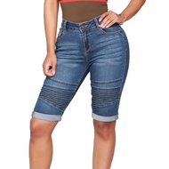 【hot】 Denim Shorts 2023 Ladies Waist Knee Length Jeans Short Pants Biker Bermudas Mujer