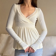 WDS Women's Cream Ribbed Long Sleeve Top with Lace V-neck and Empire Waist