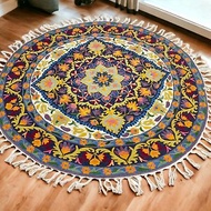 印度喀什米爾 手工刺繡 超大絲質羊毛圓形地毯 214x214 — 嬉皮