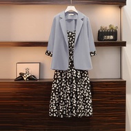 Plus Size Loose Suit Set Blazer Office/Formal OL Wear Ladies Women Thin Casual Blazer + Sleeveless Chiffon Small Daisy Floral Dress Two-piece Suit Korean Style