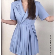 Light Blue Suit Dress Banana Collar Front Button Short Sleeves Pleated Skirt Around The Label Universe (Defective Work)