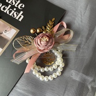 [Dry Flower] Bridesmaid Wrist Flower Groomsmen Corsage Sister Group Pink Wrist Flower Pearl Bracelet