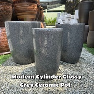 90s Greenovation XTRA Large Modern Cylinder Glossy Grey Ceramic Pot 特大时尚圆灰色陶瓷花盆
