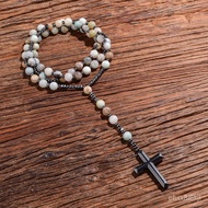 Natural 8mm Amazonite Beads Catholic Christ Rosary Necklaces Hematite Cross Pendant Men Necklace Med