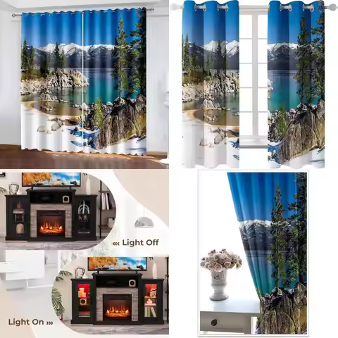 Blue Green Mountain Lake Tree Landscape Sheer Curtains for Bedroom, 2 Panel Set, 92 W x 108 H, Bedro