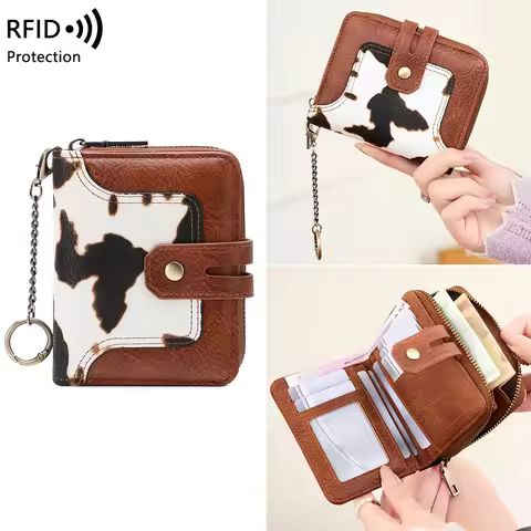 New RFID Anti-theft Brush Women's Wallet Contrast Color Printing Short Small Wallet Chain Keychain C