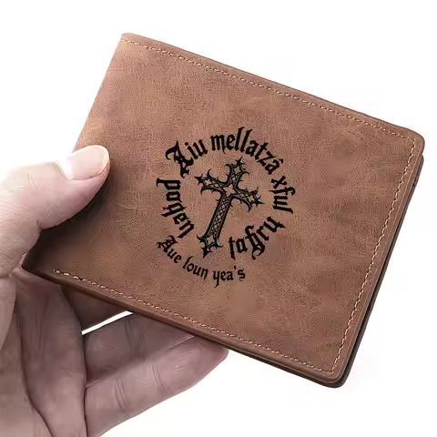 Men's Vintage Suede PU Leather Bifold Wallet with Gothic Cross & Letter Print Credit Card Holder Por