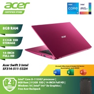 Acer Swift 3 SF314-511-532H Laptop NX.ACTSM.001 Berry Red 14IN IPS FHD Intel I5-1135G7 8GB Ram 512GB SSD Win10 Preload Office Home And Student