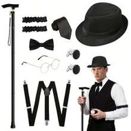 9pcs 1920s Men's Costume Accessory Kit - Vintage Gangster Suit Dress With Hat, Bow Tie, Glasses & Su