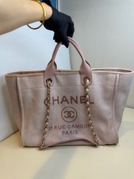 CHANEL 香奈兒 REV 30開 粉色金扣編織沙灘包托特包 36cm