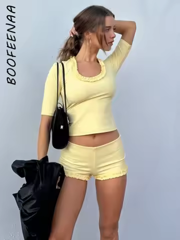 BOOFEENAA 2 Piece Shorts Set Frilly Half Sleeve Crop Top and Shorts Matching Outfits Woman Summer Cl