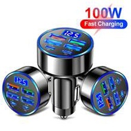 1pc 100W 6-Port Car Charger With Digital Voltage Display, Supports PD & QC3.0 Fast Charging, USB-C P