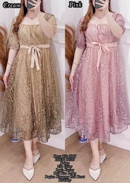 DRESS JUMBO LD 120 BAHAN TILE BROKAT TANGAN PENDEK COCOK UNTUK PESTA NATAL DAN TAHUN BARU 2024