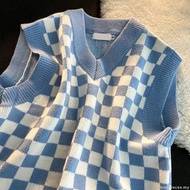 马甲背心针织女士棋盘格v领上衣慵懒风外搭小宽松毛衣Vest vest knitted women's checkerboard V-neck top lazy wind outside wi3.17