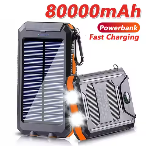 Solar Power Bank 80000mAh Portable Charging Poverbank External Battery Charger Strong Light LDE Ligh