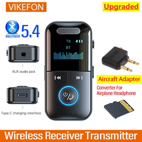 Bluetooth 5.4 Audio Receiver Transmitter LED Display 3.5mm AUX Stereo Airplane Wireless Adapter Mic 