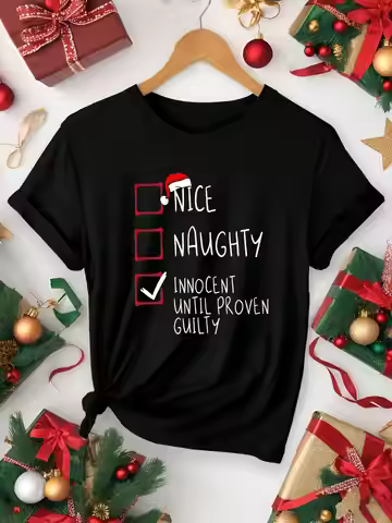 SHEIN LUNE Women's Casual Christmas Hat & Slogan Print Short Sleeve T-Shirt, Summer Graphic Tees Wom