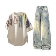 Summer Hip-Hop Short-Sleeved Top T-Shirt Half-Sleeved V02+K60 Jeans Elastic Waist Suit S-3XL, P44