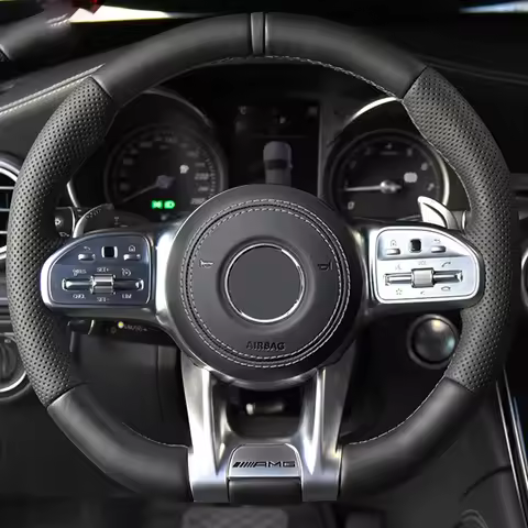 Car Steering Wheel Cover For Mercedes-Benz AMG C43 E53 S63 GLE G63 Hand-sewing Black Genuine Leather