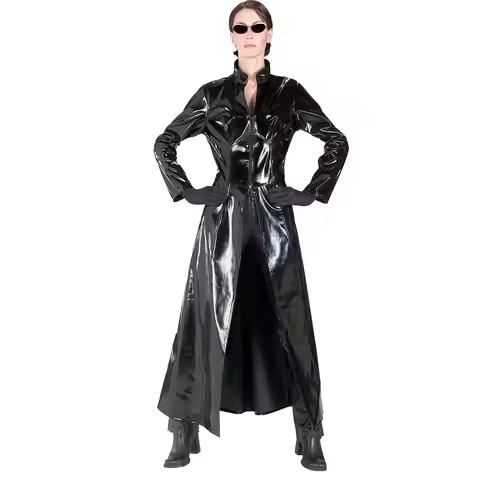 Unisex Movie Matrix Neo Long Leather Coat Black Glossy PVC Latex Trench Jacket Cosplay Costume for M