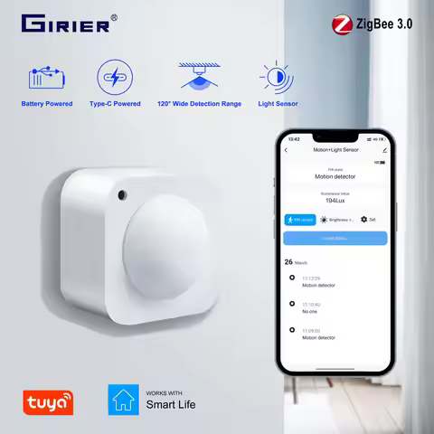 GIRIER Tuya ZigBee PIR Motion Sensor Smart Human Movement Detector Built-in Light Sensor for Home Se