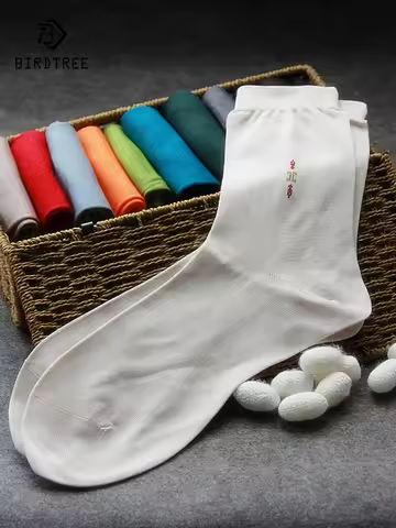 Birdtree 2PCS 80% Silk 17% Spandex Anti Odor Men's Socks Thin Breathable Comfortable Casual Socks Sp