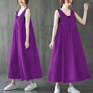 Baju Dress Midi Casual Overall Wanita Linen Jumbo Kekinian FUJI
