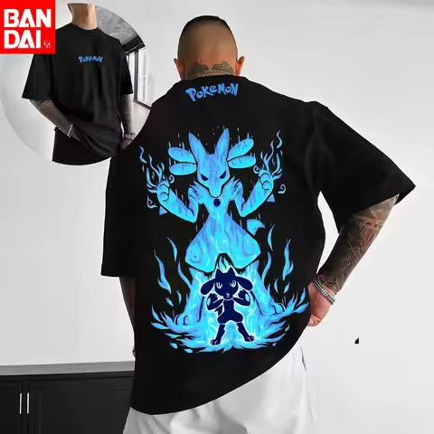 Pokemon Riolu Lucario Evolution Print T Shirt Men 2026 Summer Black Oversized Tee Anime Streetwear H