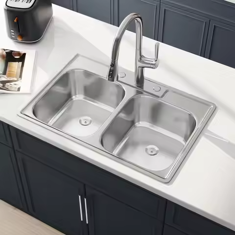 33 Inch Drop In Double Bowl Kitchen Sink, 33x22 Topmount 18 Gauge 304 Stainless Steel 50/50 Kitchen 