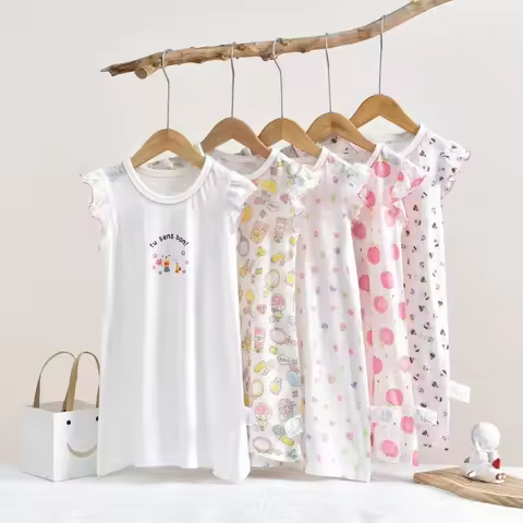 Children's Cute Ruffle Edge Sleep Dress Export Quality Bamboo Cotton Lightweight Summer New Arrival 