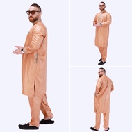 2 PCS Set Muslimah  Embroidery Kurta Set Kolar Baju Raya Baju Jubah Lelaki  Seluar Putih Jubah Blouse Kurta