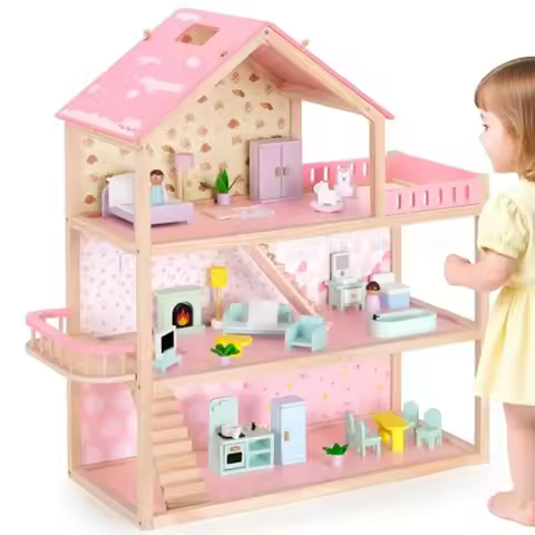 Large Wooden Dollhouse 3-Story with 38-Pcs Furniture Accessories Open-Concept Floors Balcony Flip-Ov