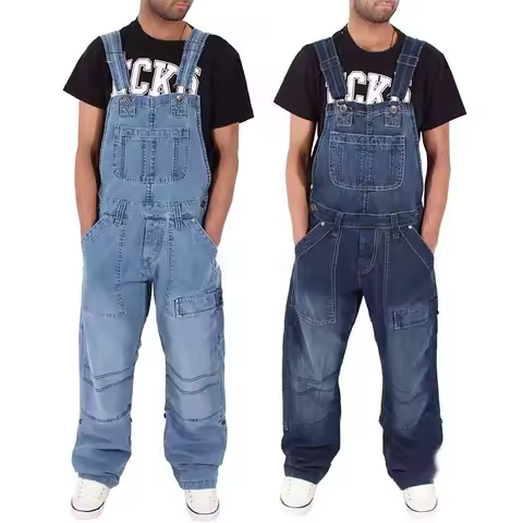 Multi Pocket Denim Overalls Suspenders Baggy Jeans Men'S Street Casual Work Pants Jumpsuits