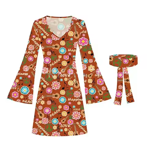 Women's Retro 70s Hippie Dress O Neck Flare Sleeve Hippie Disco Outfit 60s Party Cosplay Costume Car