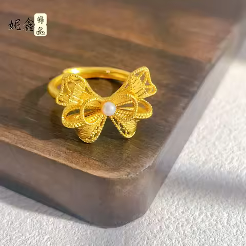 Filigree Bow Open Ring Women's 24K Gold AU999 - 24K pure gold bow filigree ring, eye-catching shine,