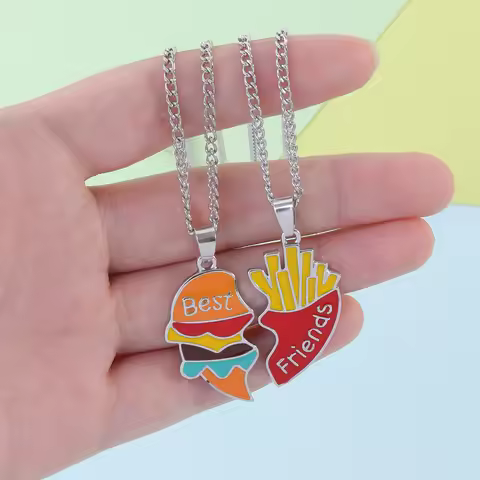 2Pcs /Set Funny Hamburg Fries Matching Heart Best Friends Necklace Girl Bestie Friendship Forever Gi
