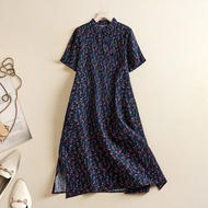 Chinese-Style Cotton and Linen Cheongsam Dress with Diagonal Placket Frog Button Short Sleeve Summer Dress