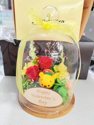 小熊維尼情人節紅玫瑰保鮮花/永生花 玻璃罩擺設 聖誕/生日/情人節禮物