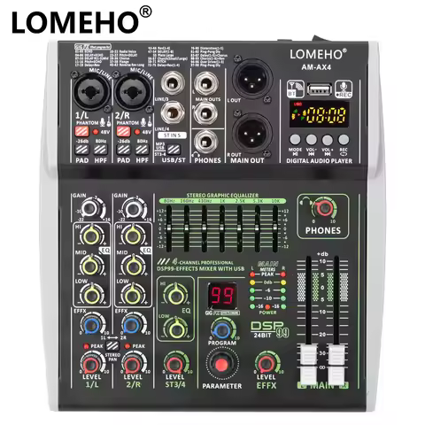 4 Channel Audio Sound Mixer 7 Band EQ 99 DSP Effects 48V Bluetooth Sound Mixing Console PC Playback 