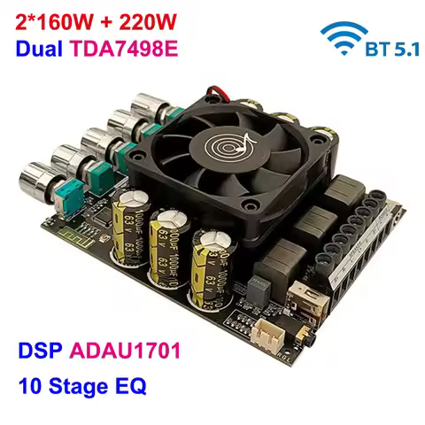 2*160W+220W TDA7498E 2.1 Subwoofer DSP ADAU1701 Bluetooth Power Amplifier Equalizer Class D USB AUX 