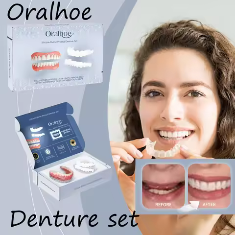 Oralhoe Adjustable Fake Teeth Set Top And Bottom Denture Hypoallergenic Cosmetic Dentures Perfect Sm